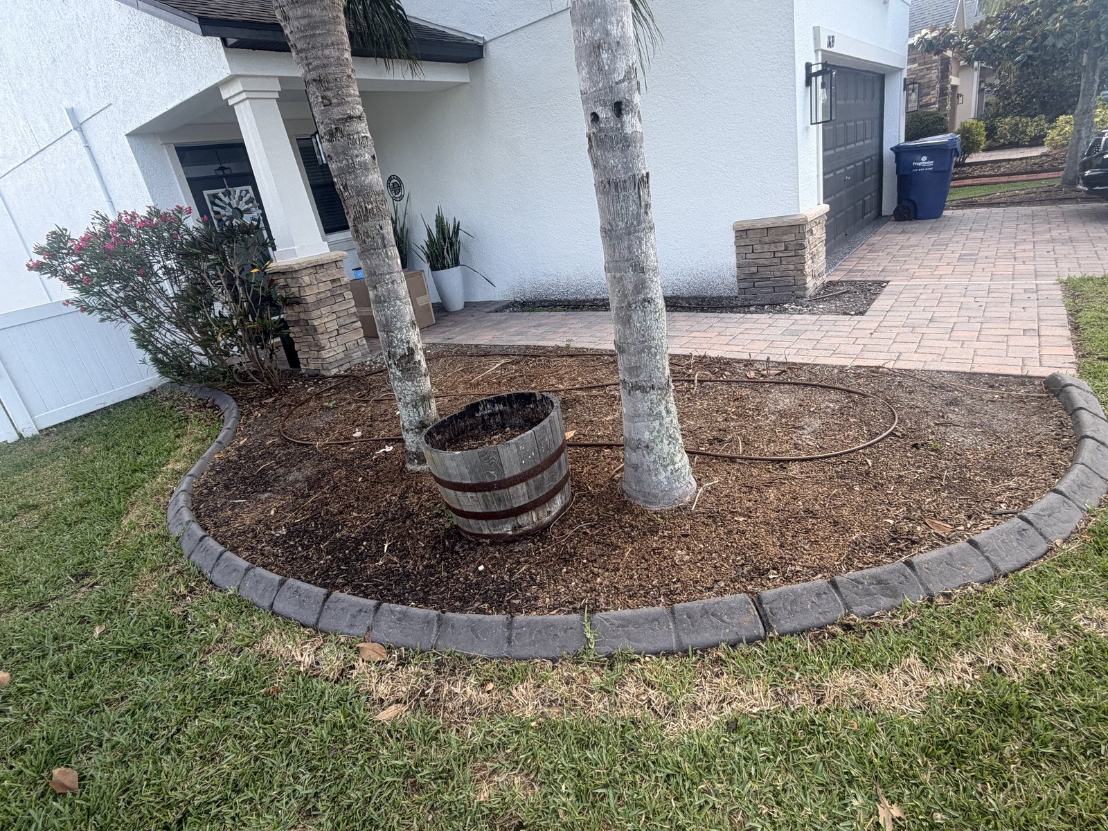 Palm bed with decorative stone edging and clean mulch, New Port Richey landscaping